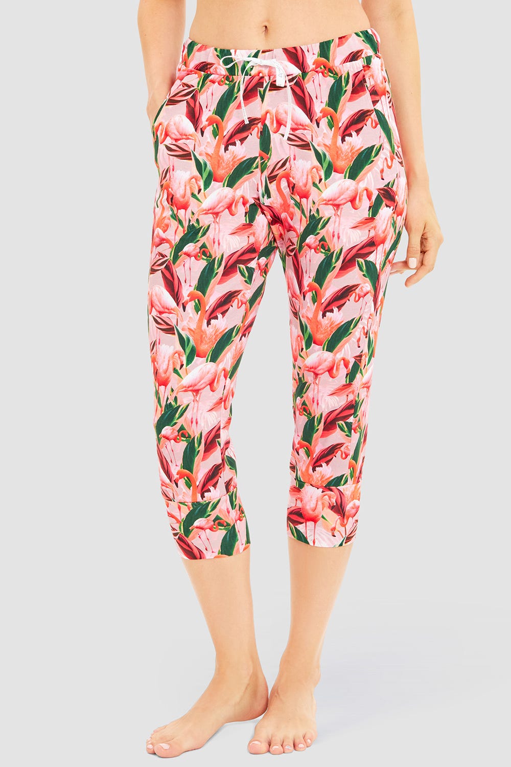 Frontalbild von 3/4-Hose im Flamingo-Druck Baumwolle/Elasthan