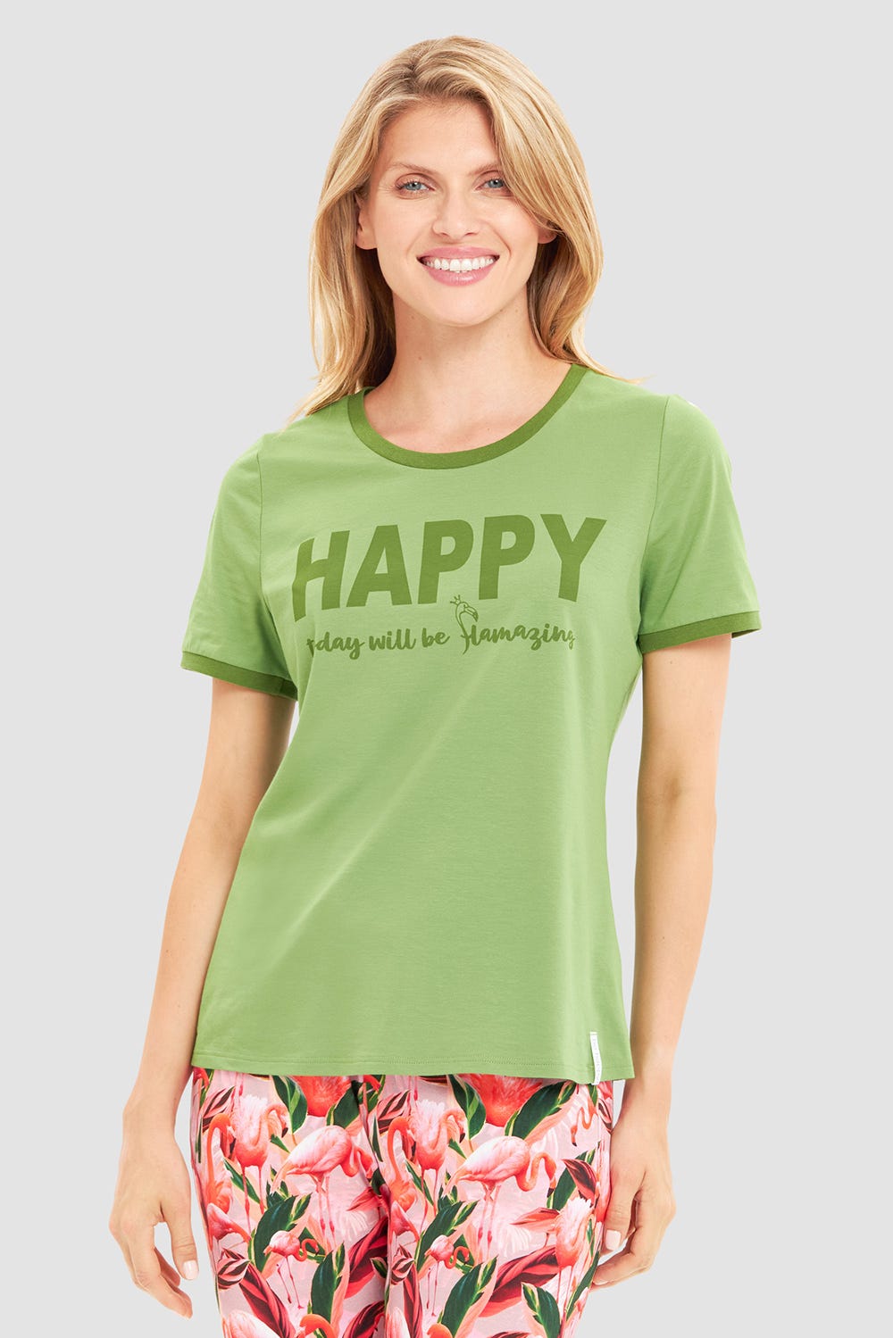 Frontalbild von Pyjamashirt mit Statement-Print Grün Baumwolle/Elasthan