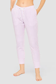 Frontalbild von 7/8-Hose im Streifendruck Rosa-Blau Baumwolle/Elasthan