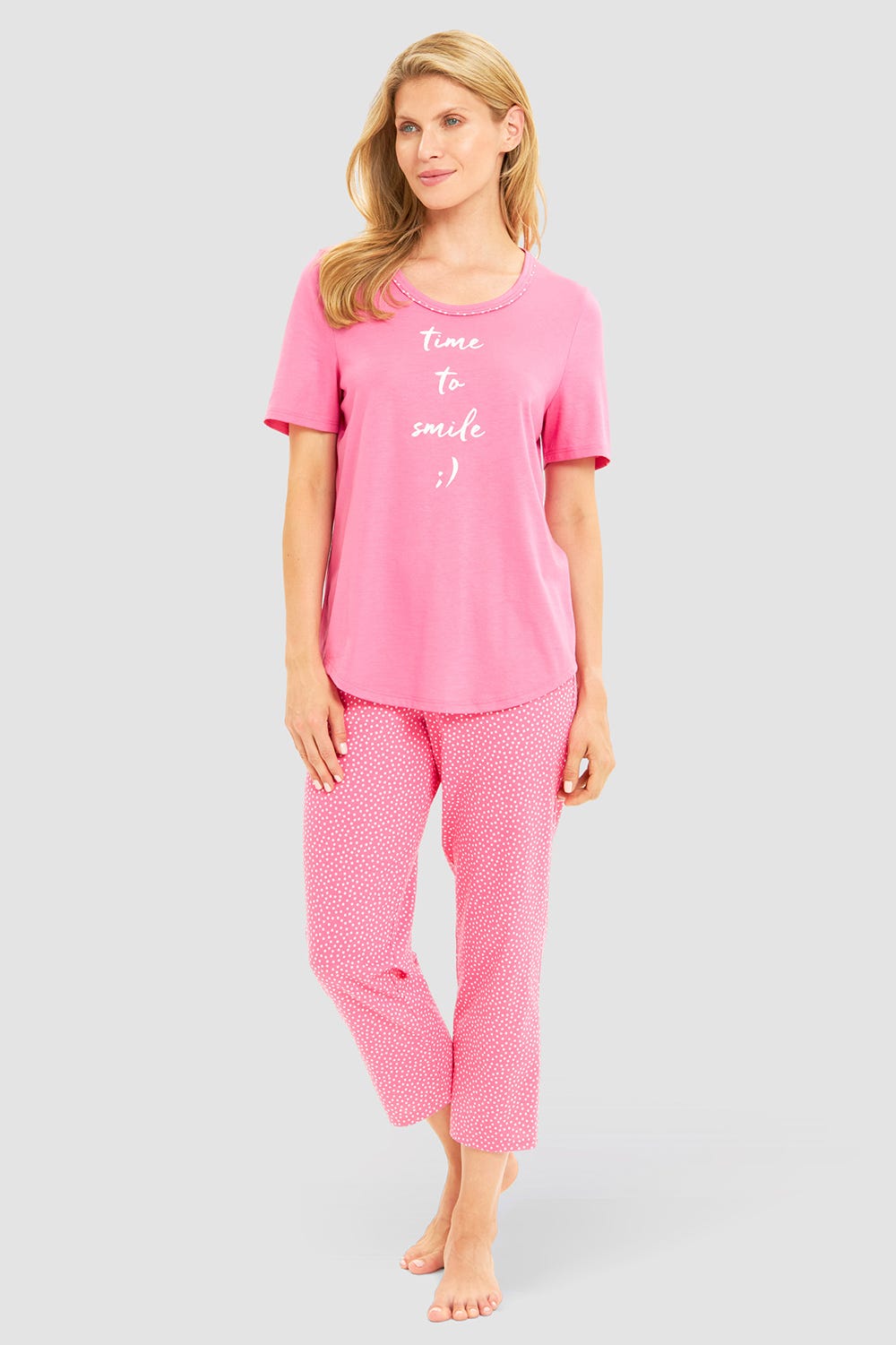 Frontalbild von Pyjama mit Statement-Print Tupfendruck Pink Baumwolle/Modal