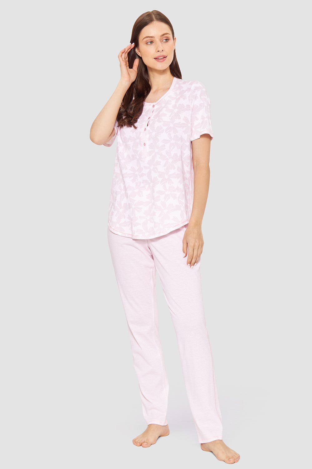 Frontalbild von Pyjama im Muster-Mix Blumen Streifen Rosa 100% Baumwolle