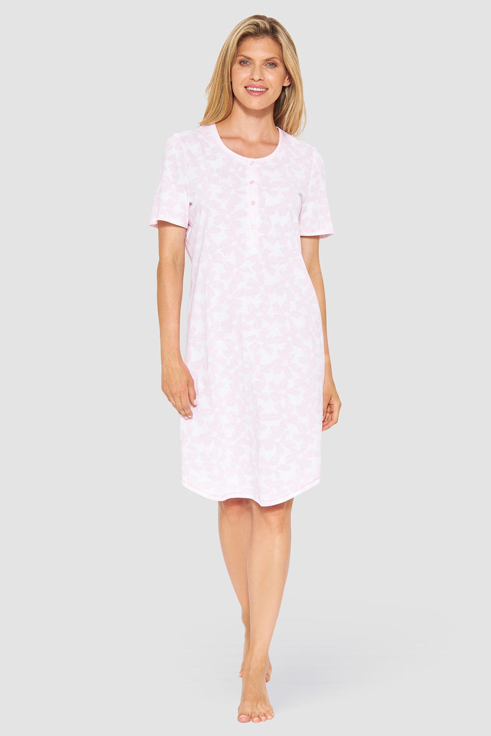 Frontalbild von Nachthemd im Muster-Mix Blumen Streifen Rosa 100% Baumwolle