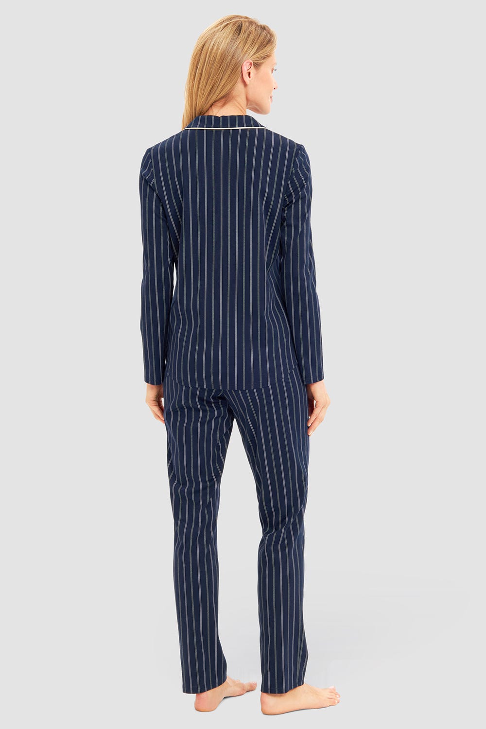 Rückansicht von Pyjama im Nadelzug Dunkelblau Herrenhemdstil 100% Baumwolle