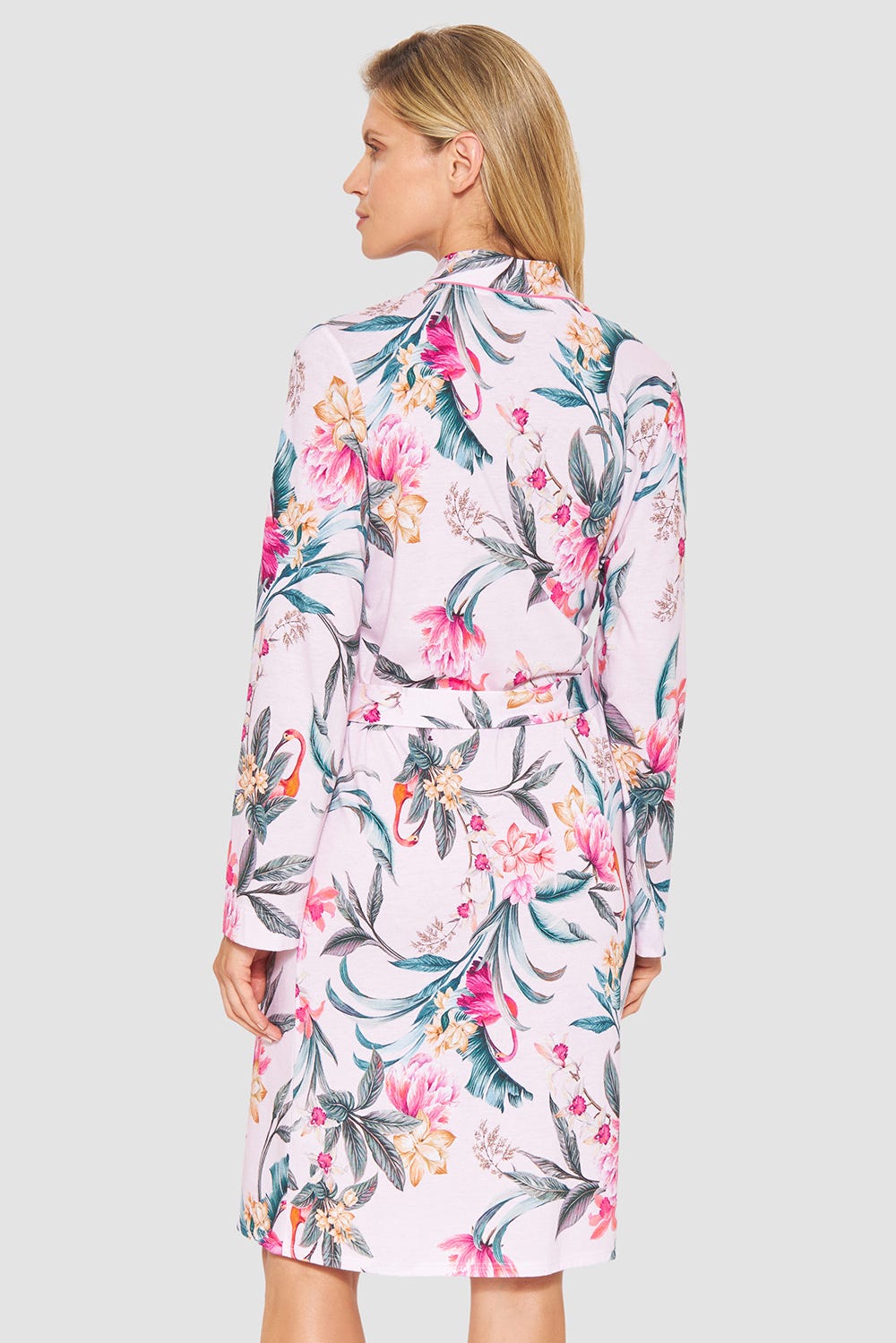 Rückansicht von Morgenmantel im sommerlichen Blumendruck exotisch Baumwolle/Modal