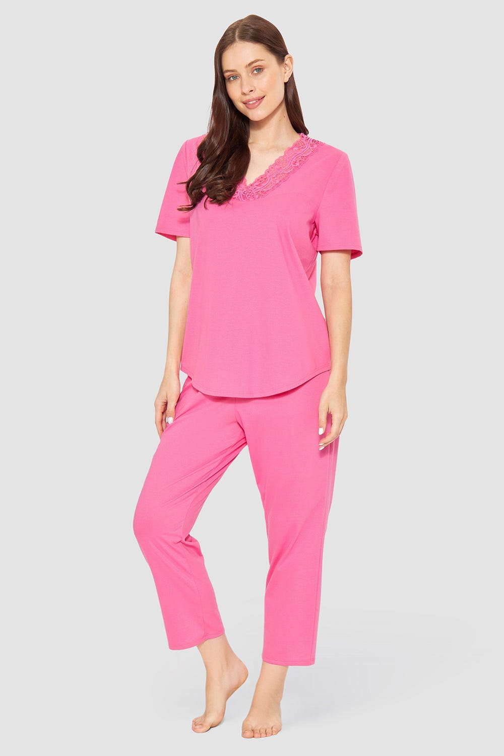 Frontalbild von Pyjama mit Spitzendetails Pink Baumwolle/Modal