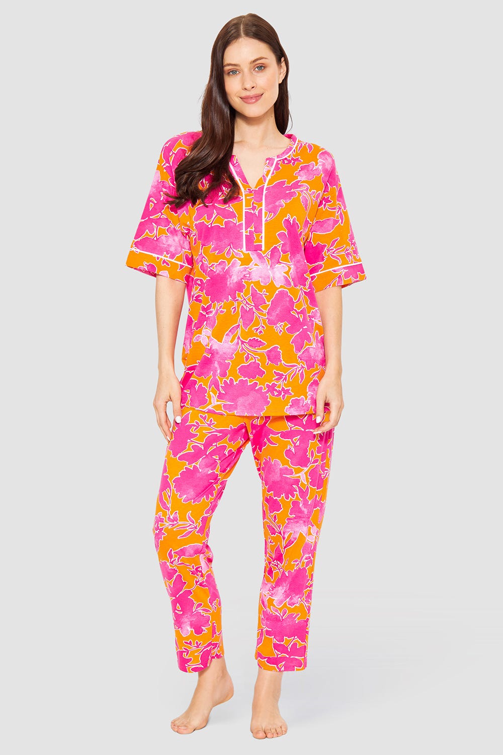 Frontalbild von Pyjama im floralen Druck Orange-Pink Tunika-Style Baumwolle/Modal