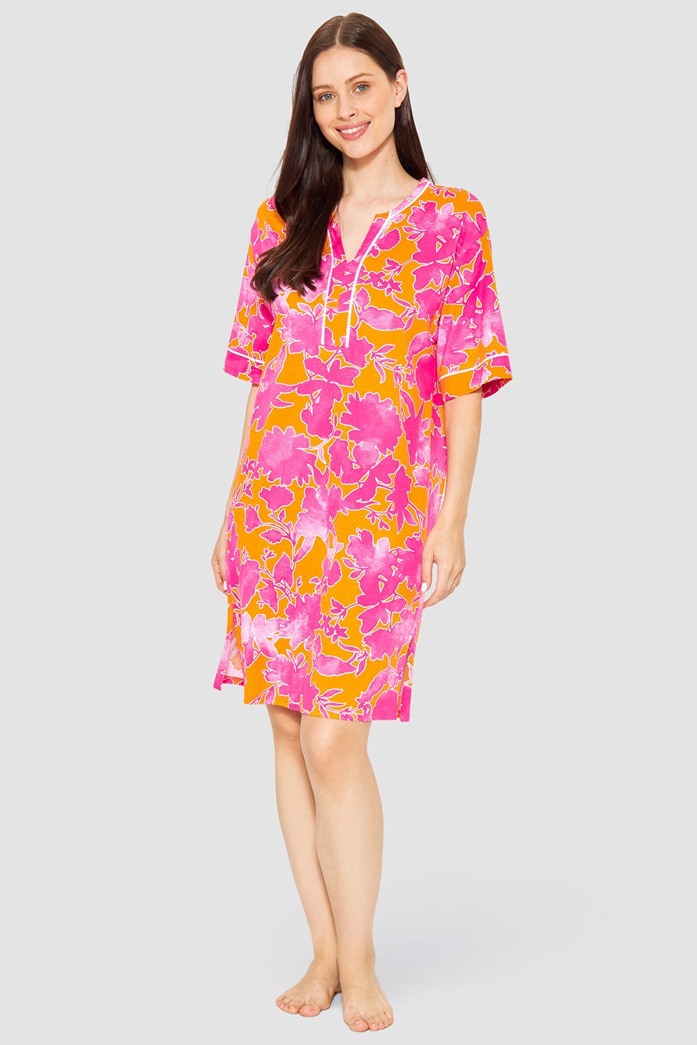 Frontalbild von Nachthemd im floralen Druck Orange-Pink Tunika-Style Baumwolle/Modal