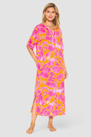 Frontalbild von Nachtkleid im floralen Druck Orange-Pink Tunika-Style Maxi-Länge Baumwolle/Modal