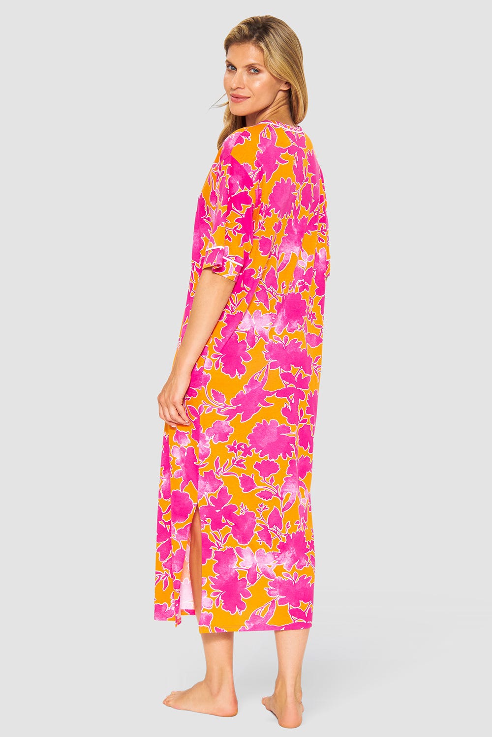 Rückansicht von Nachtkleid im floralen Druck Orange-Pink Tunika-Style Maxi-Länge Baumwolle/Modal