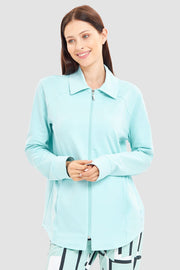 Frontalbild von Sweatjacke mit Ziernähten Türkisblau Baumwolle/Elasthan