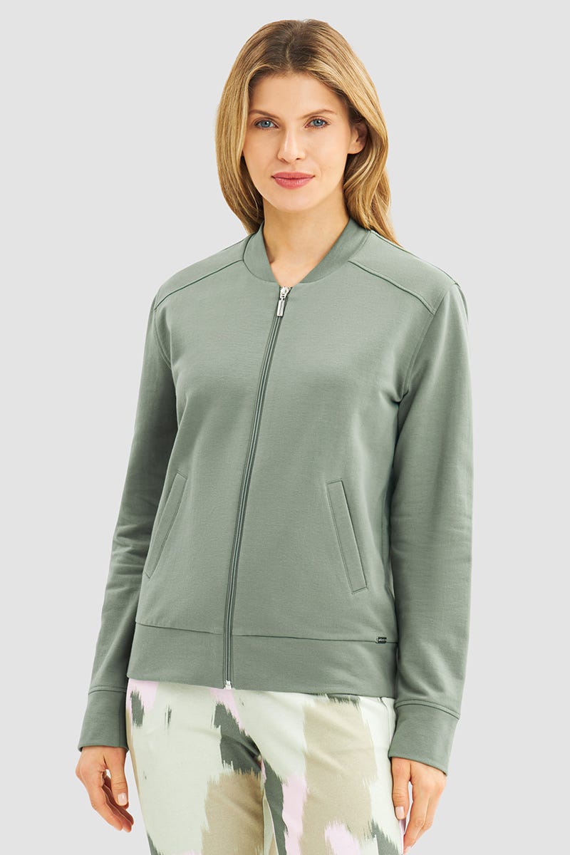 Frontalbild von Sweatjacke in Khaki-Grün im College-Style Yoga Baumwolle/Elasthan