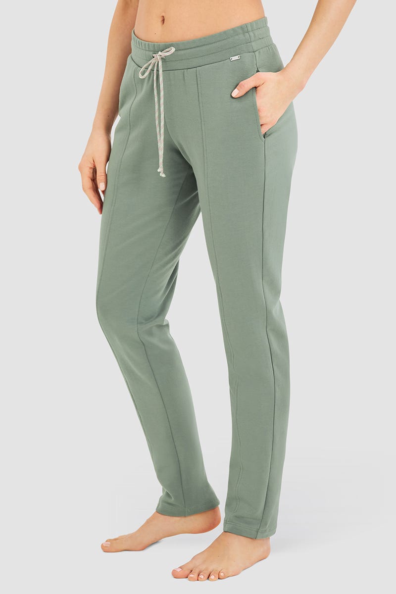 Frontalbild von Sweathose mit Ziernähten Khaki-Grün Yoga Baumwolle/Elasthan