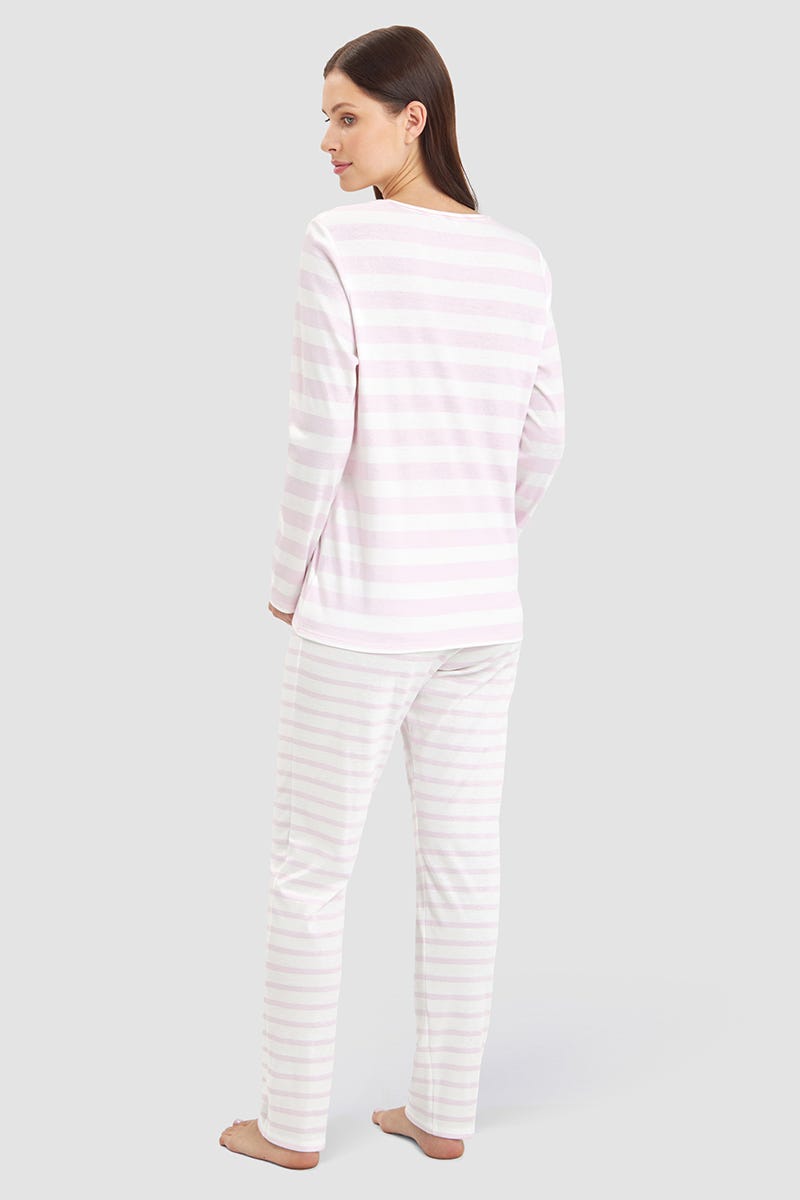 Rückansicht von Pyjama im Ringeldruck Rosa 100% Baumwolle