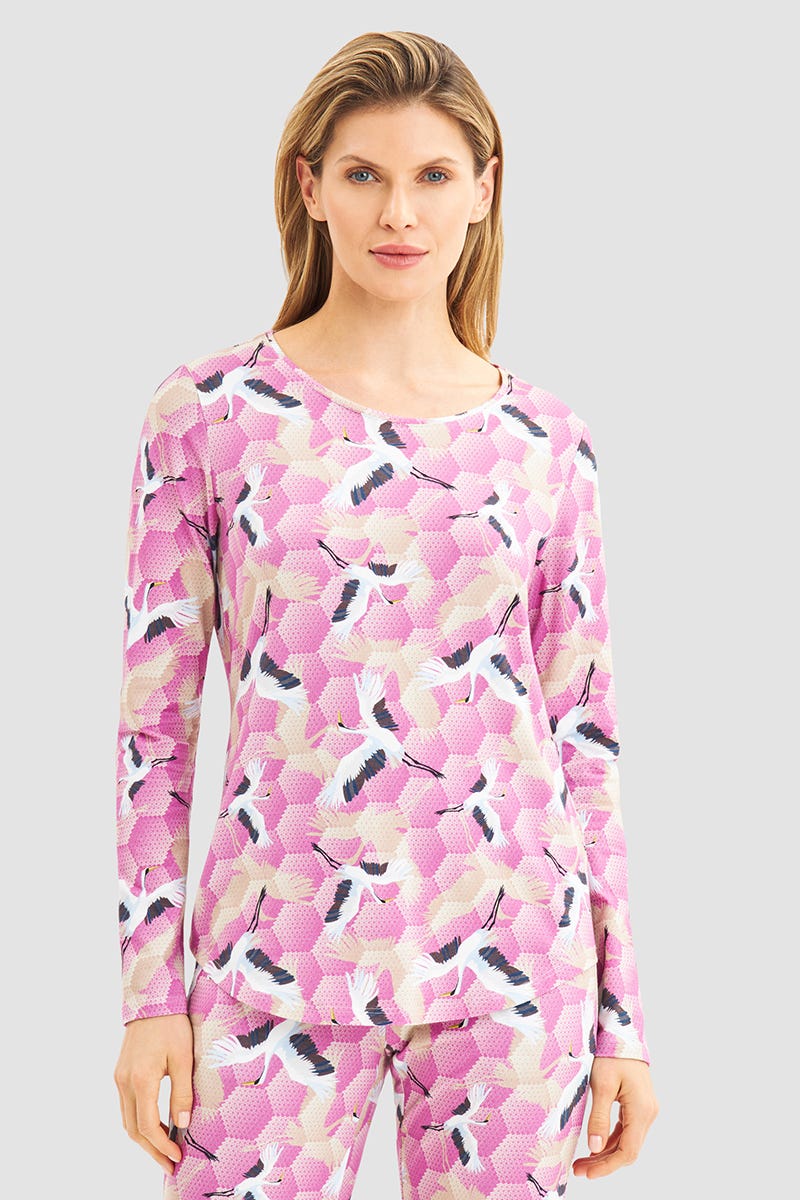 Frontalbild von Pyjamashirt im Kranich-Druck Baumwolle/Elasthan