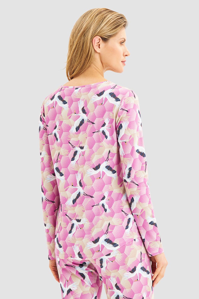Rückansicht von Pyjamashirt im Kranich-Druck Baumwolle/Elasthan