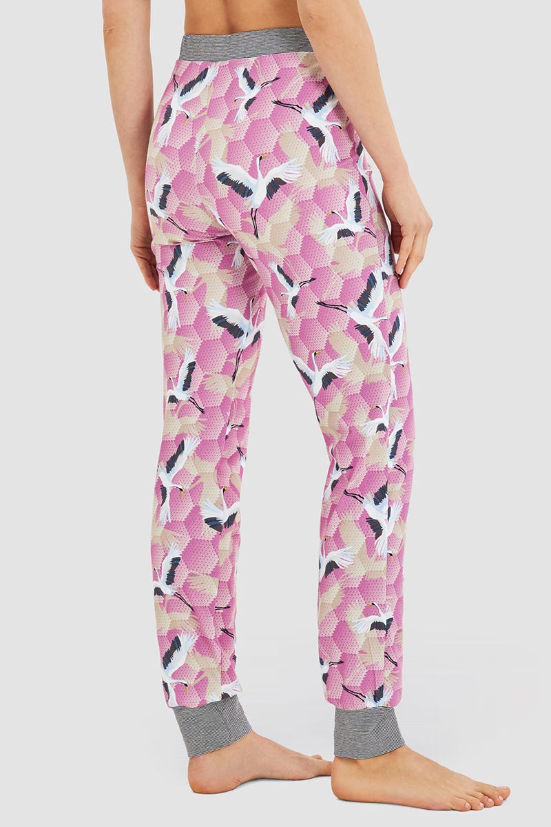 Rückansicht von Pyjamahose im Kranich-Druck Baumwolle/Elasthan