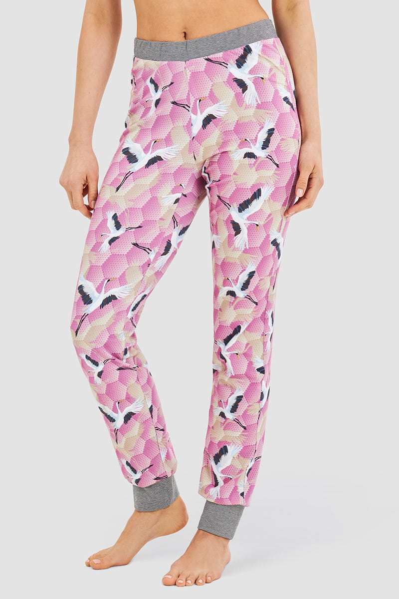 Frontalbild von Pyjamahose im Kranich-Druck Baumwolle/Elasthan