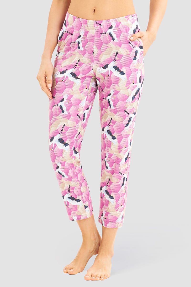 Frontalbild von 7/8-Pyjamahose im Kranich-Druck Baumwolle/Elasthan