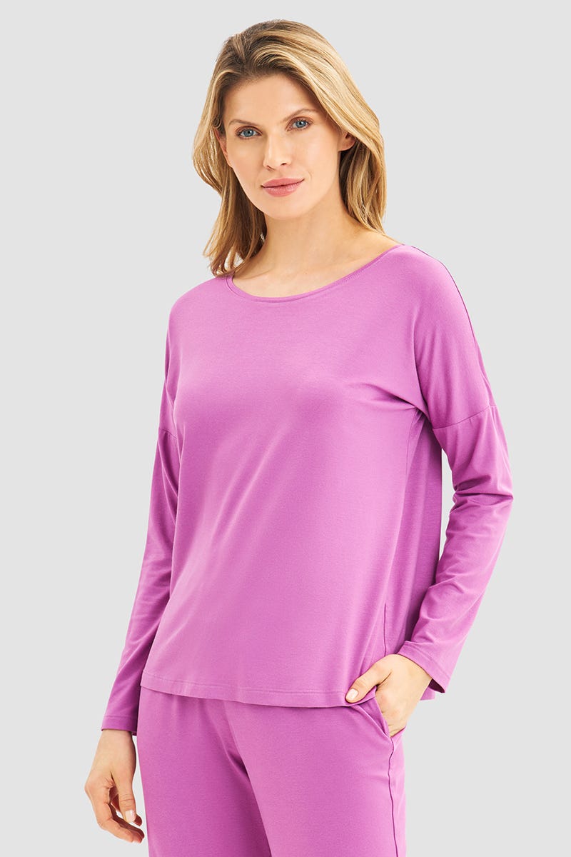 Frontalbild von Pyjamashirt im sportiven Stil in Violett Viskose/Elasthan