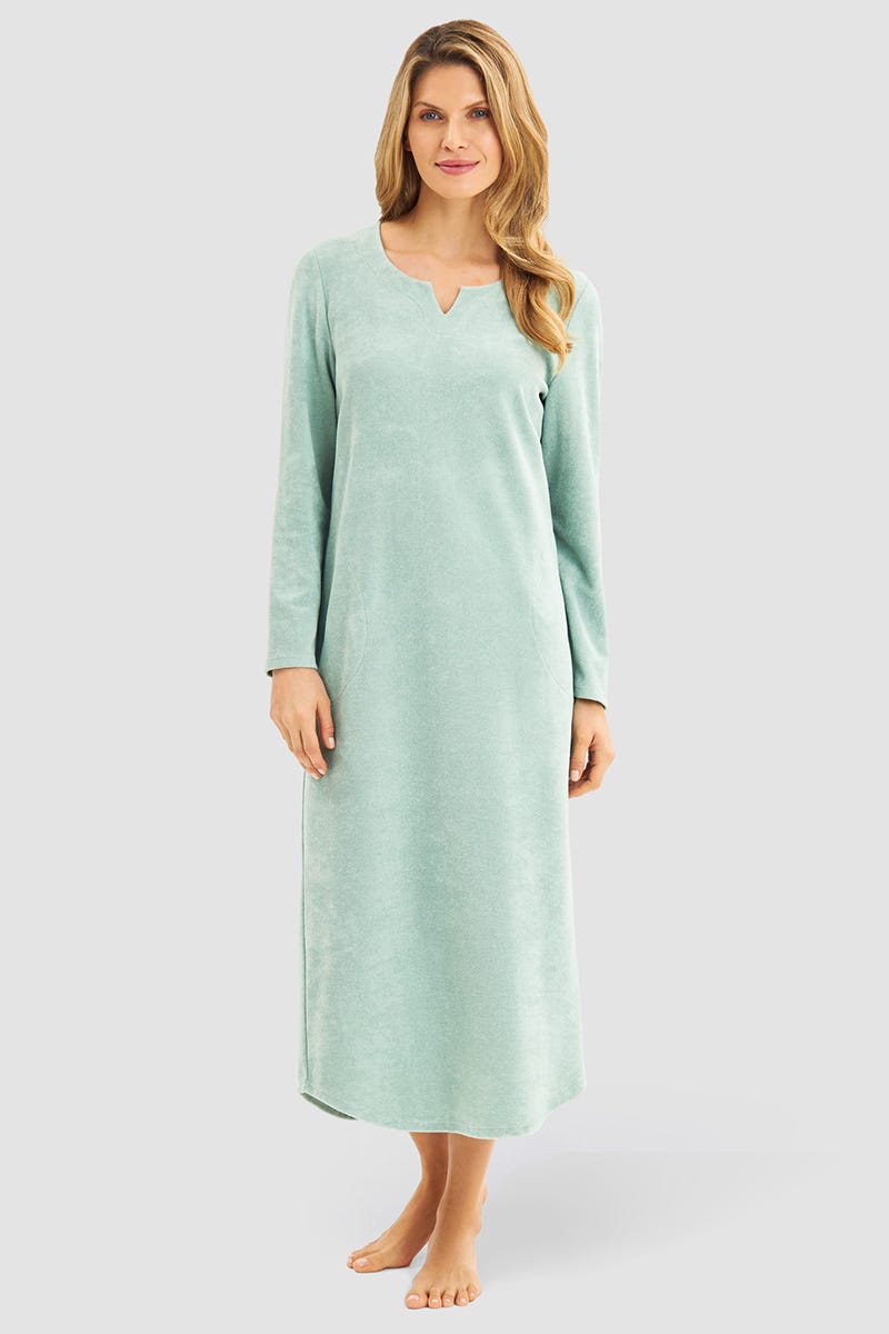 Frontalbild von Hauskleid aus Frottee in Mintgrün Maxilänge Baumwolle/Polyester