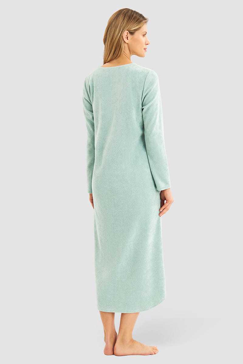 Rückansicht von Hauskleid aus Frottee in Mintgrün Maxilänge Baumwolle/Polyester