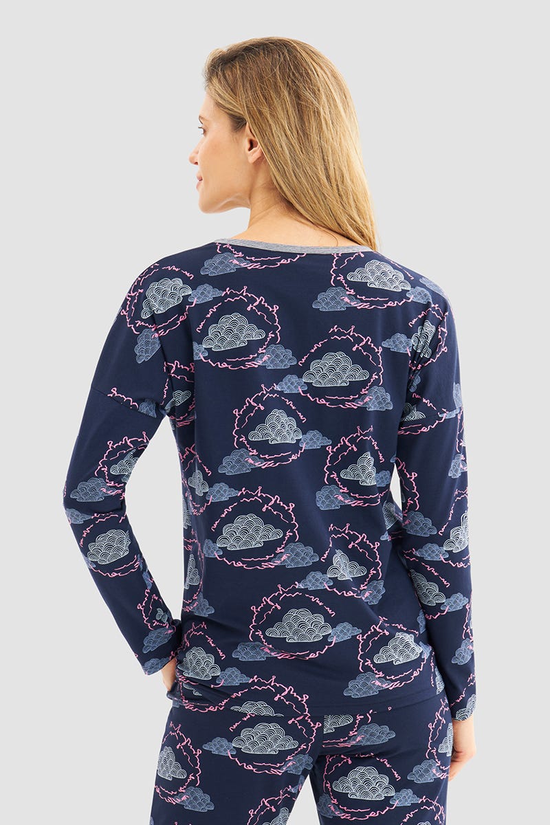Rückansicht von Pyjamashirt im Wolken-Druck Baumwolle/Elasthan