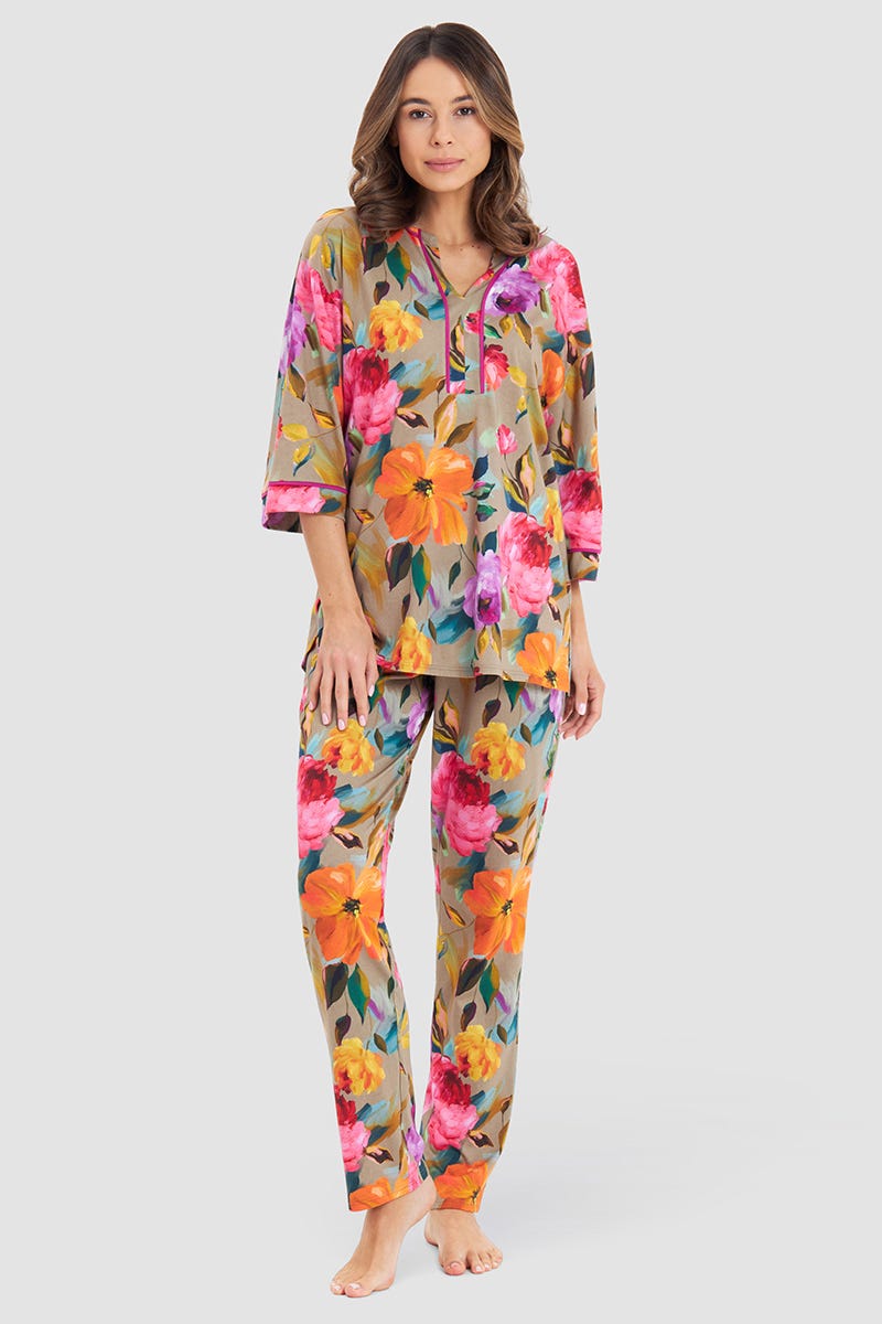 Frontalbild von Pyjama im Aquarell-Blüten-Druck Baumwolle/Modal