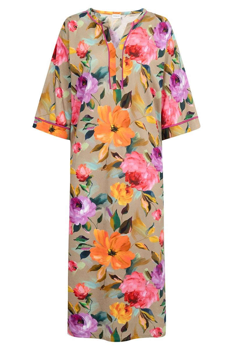 Hollowbild von Nachthemd im Aquarell-Blüten-Druck Maxi-Länge Baumwolle/Modal