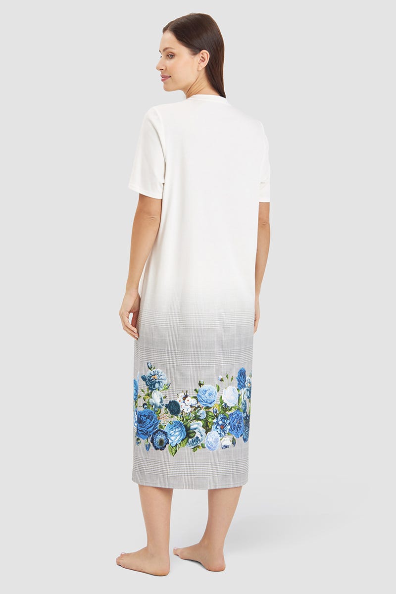 Rückansicht von Nachthemd im Karo-Druck mit Blumen Maxi-Länge 100% Baumwolle