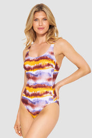 Frontalbild von Badeanzug im Batikdruck moderne Streifen