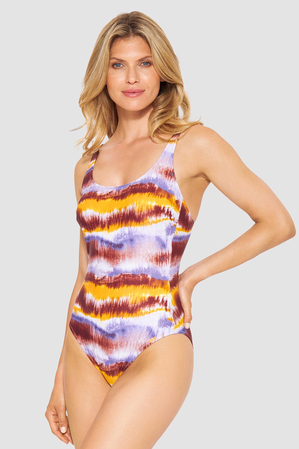 Frontalbild von Badeanzug im Batikdruck moderne Streifen