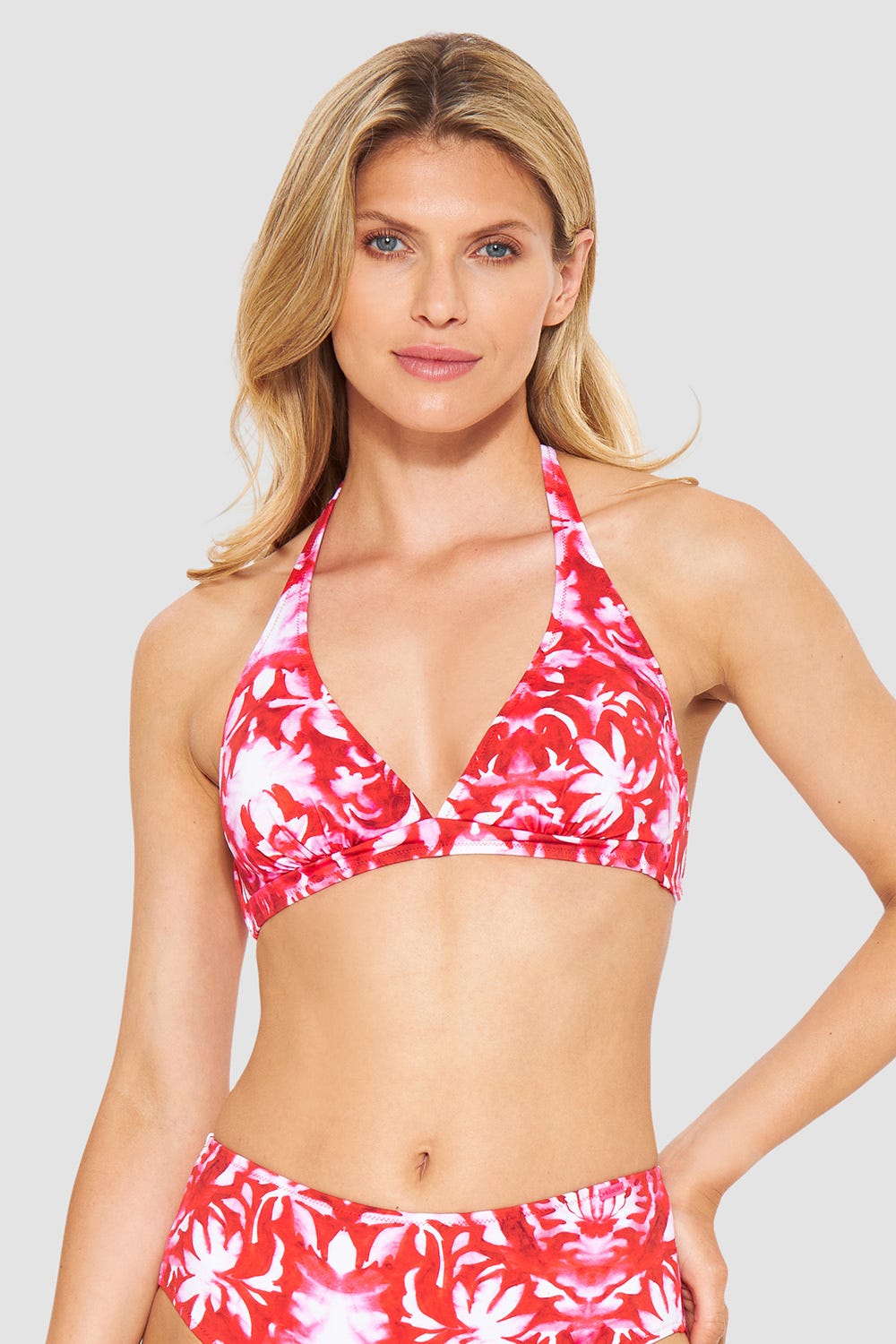 Frontalbild von Bikini-Oberteil Neckholder im Ornament-Druck Rot-Weiß