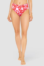 Frontalbild von Bikini-Hose im Ornament-Druck Rot-Weiß hoher Taillenausschnitt