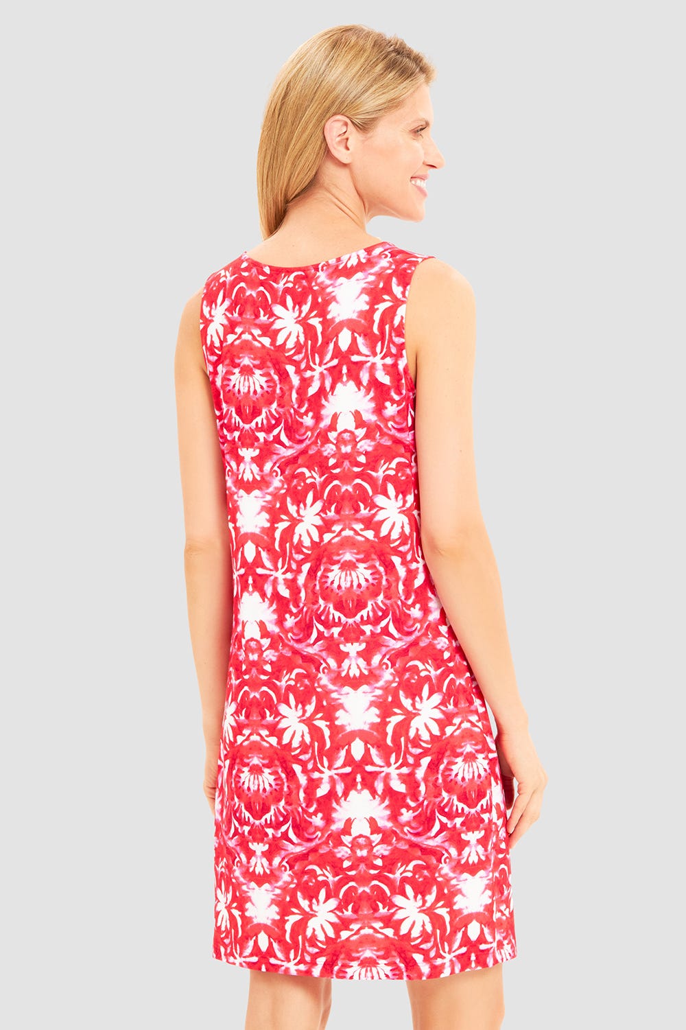 Rückansicht von Strandkleid Ärmellos im Ornament-Druck Rot-Weiß Raffungen