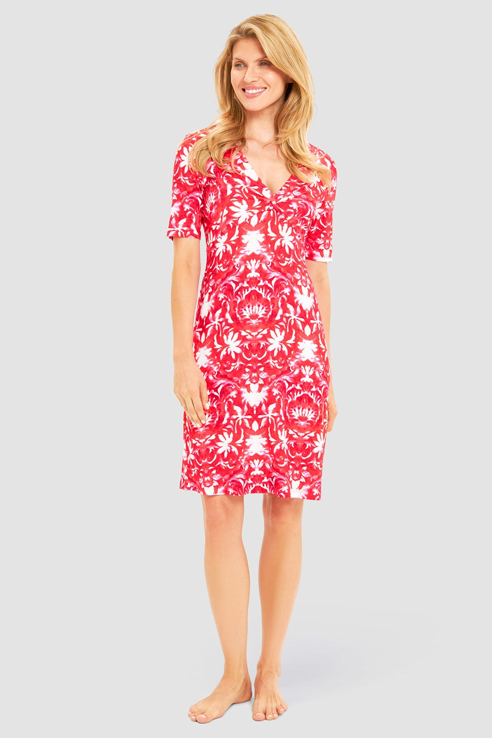 Frontalbild von Strandkleid Ärmellos im Ornament-Druck Rot-Weiß Knot-Optik