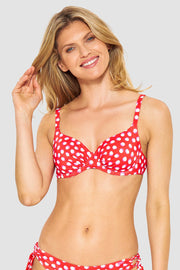 Frontalbild von Bikini-Oberteil im Retro-Tupfendruck Rot-Weiß