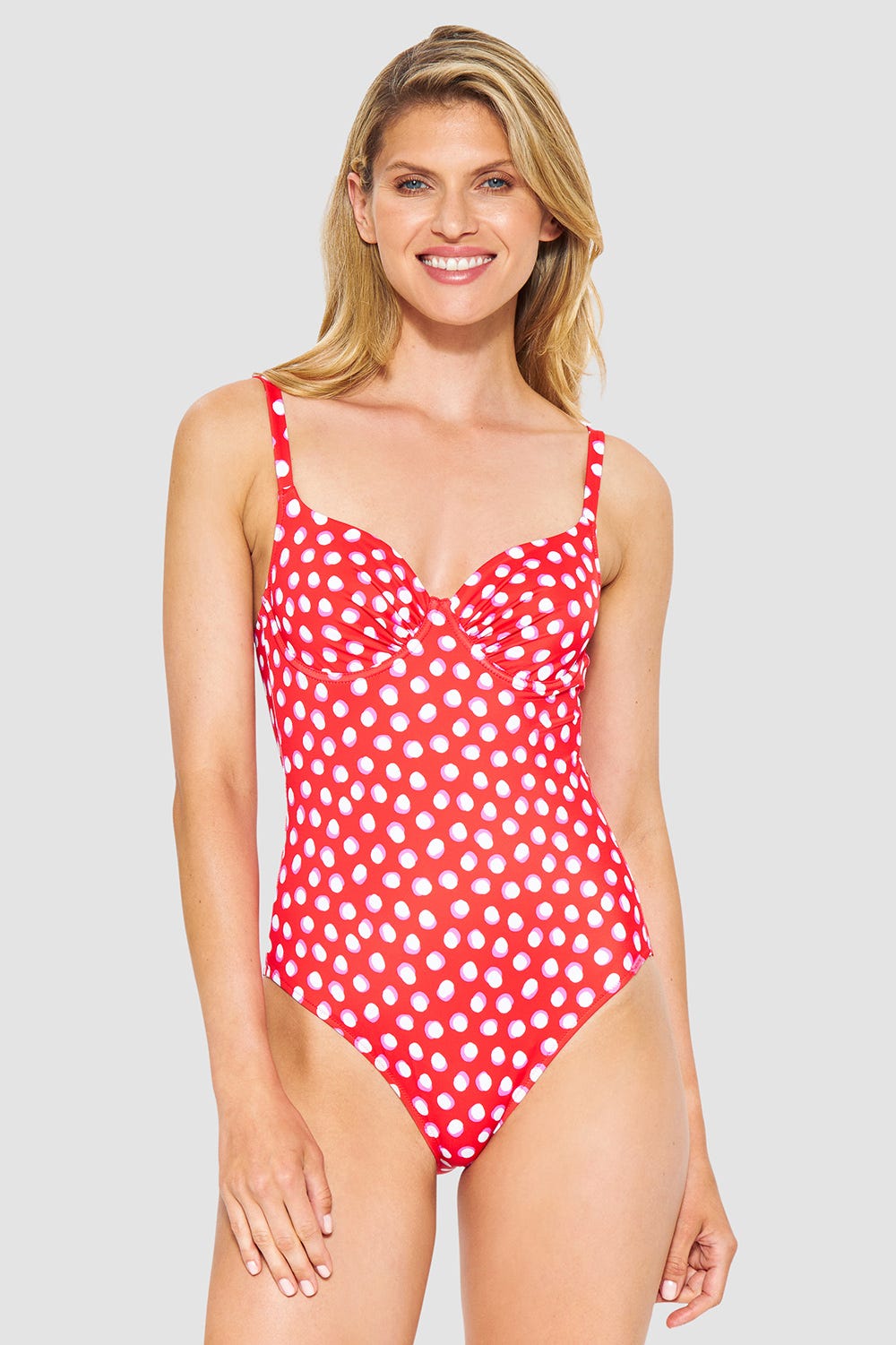 Frontalbild von Badeanzug im Retro-Tupfendruck Rot-Weiß