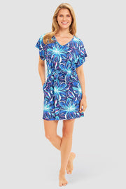 Frontalbild von Strandkleid Kurzarm im Blumendruck Neonfarben zum Binden Baumwolle/Elasthan