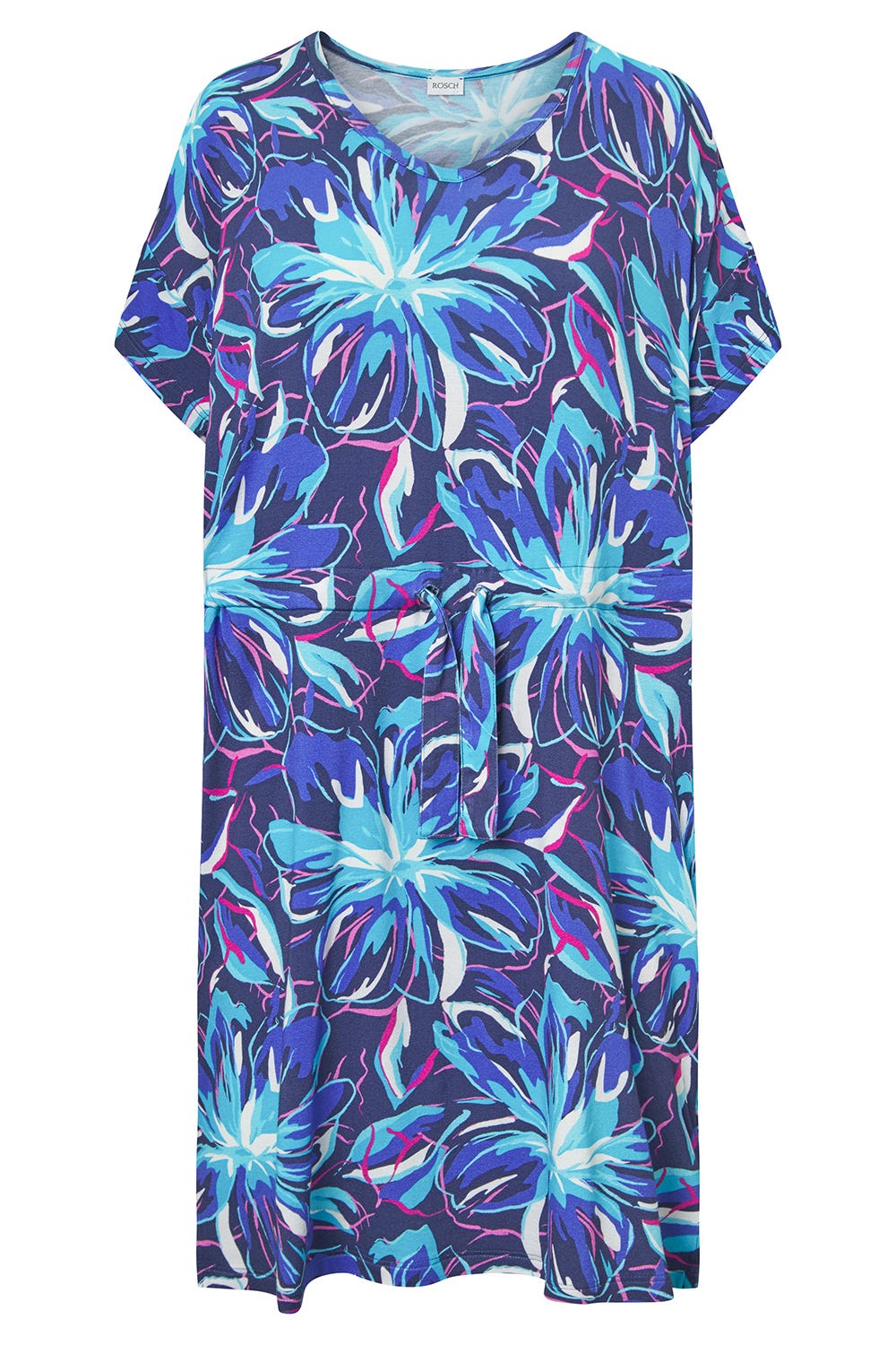 Hollowbild von Strandkleid Kurzarm im Blumendruck Neonfarben zum Binden Baumwolle/Elasthan