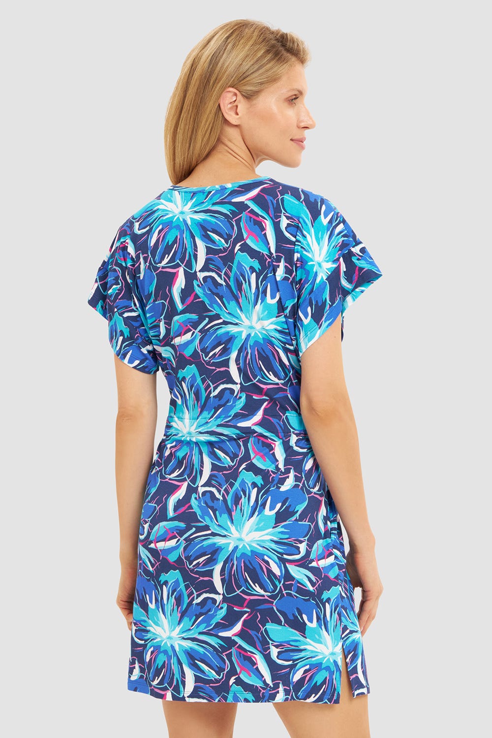 Rückansicht von Strandkleid Kurzarm im Blumendruck Neonfarben zum Binden Baumwolle/Elasthan