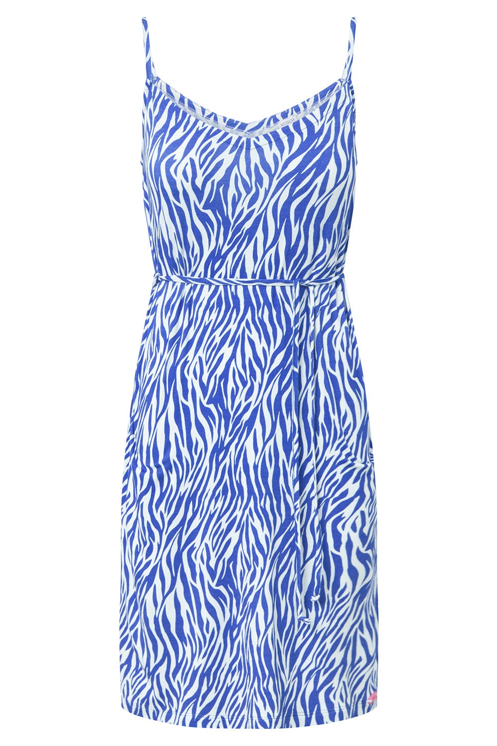 Hollowbild von Strandkleid im modernen Zebradruck Blau-Weiß Spaghetti-Träger Viskose/Elasthan