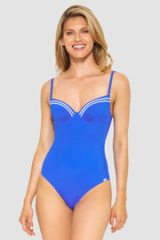 Frontalbild von Badeanzug mit Streifendetails Neon-Blau