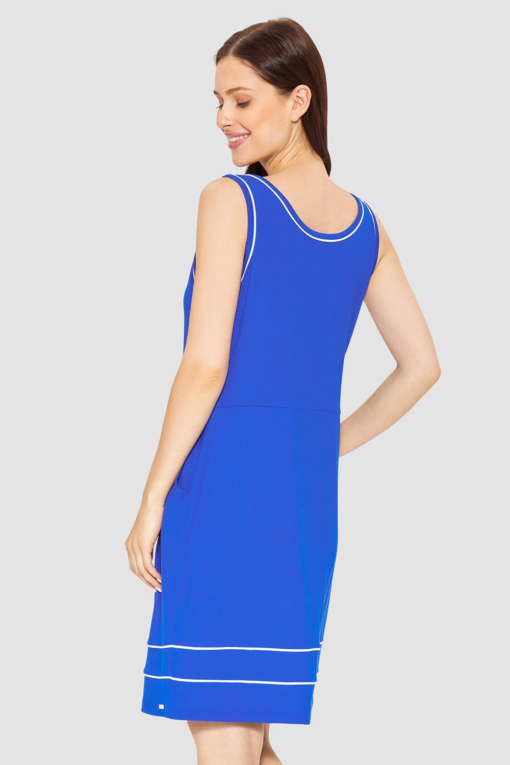 Rückansicht von Strandkleid Ärmellos mit Kontrast-Paspeln Neon-Blau