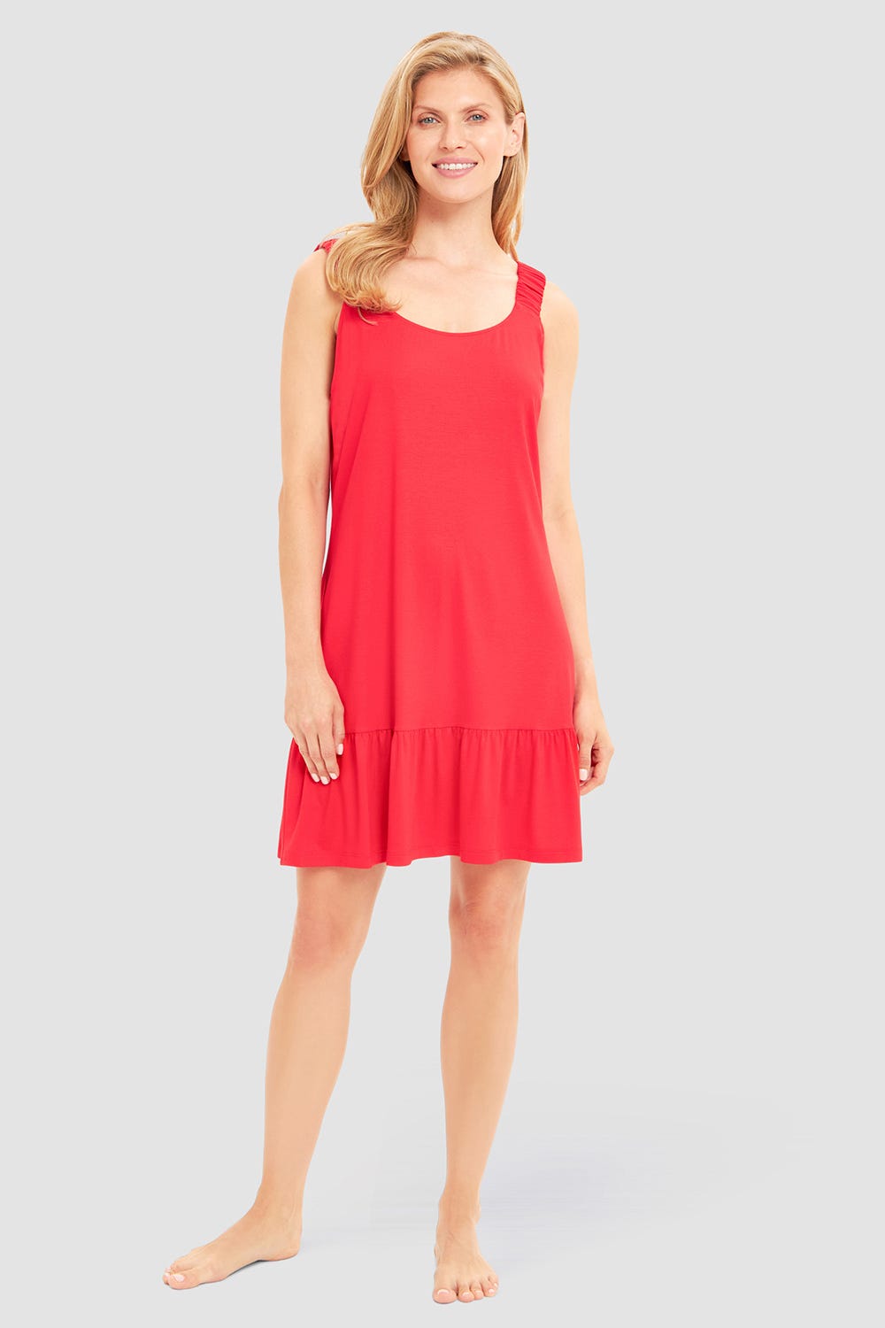 Frontalbild von Strandkleid Ärmellos mit welligem Saum in Rot Viskose/Elasthan