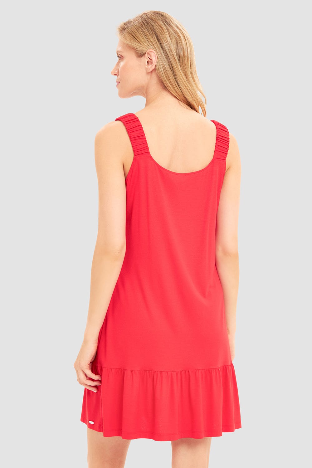 Rückansicht von Strandkleid Ärmellos mit welligem Saum in Rot Viskose/Elasthan