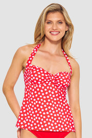 Frontalbild von Tankini-Oberteil Neckholder im Retro-Tupfendruck Rot-Weiß 