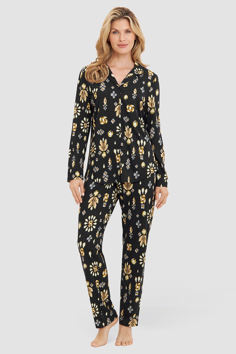 Frontalbild von Pyjama im Diamant-Druck Knopfleiste Herrenhemd-Stil Baumwolle/Modal