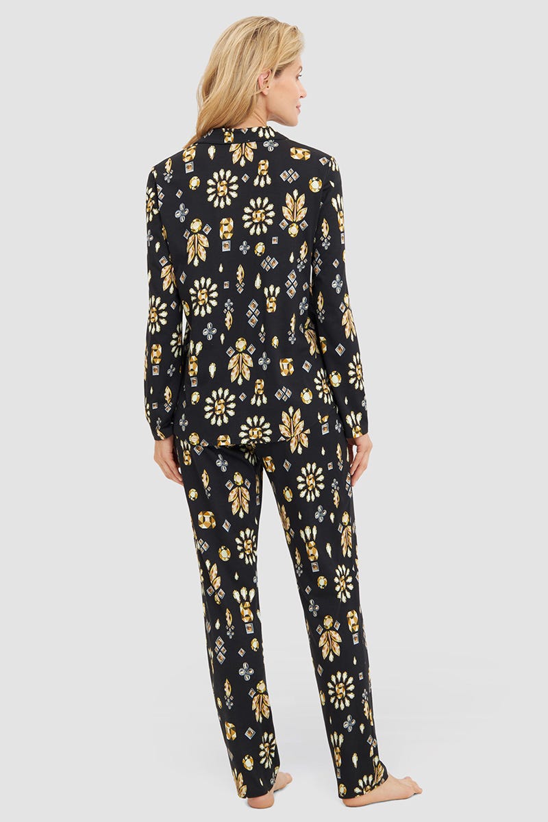 Rückansicht von Pyjama im Diamant-Druck Knopfleiste Herrenhemd-Stil Baumwolle/Modal