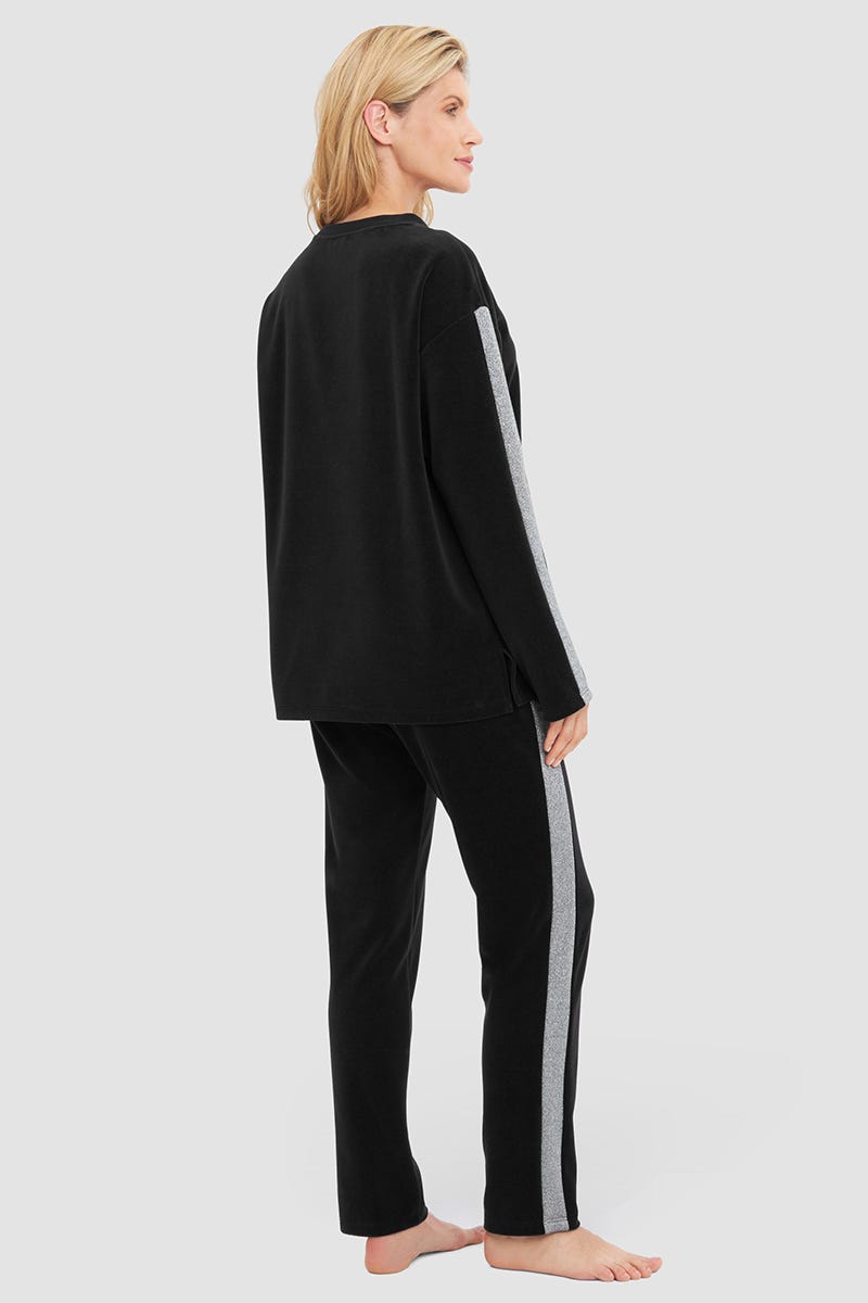 Rückansicht von Nicki-Hausanzug mit Seitenstreifen in Silber-Lurex Baumwolle/Polyester