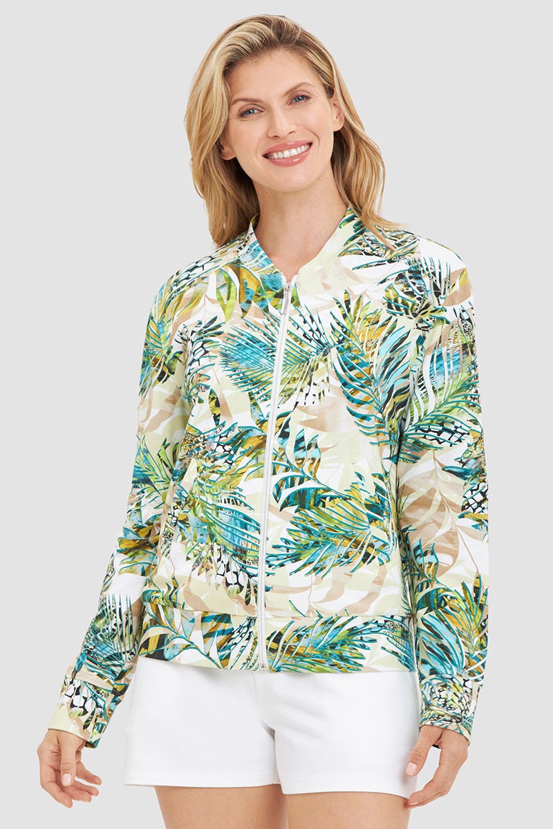 Frontalbild von Sweatjacke im exotischen Palmendruck Baumwolle/Elasthan